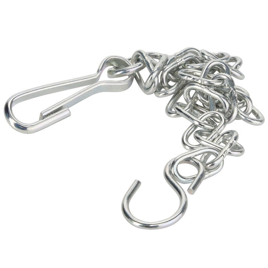 Introducing the AGCO Chain Cardan Shaft - D46150381, a genuine chain known for its high fatigue strength, featuring a coiled silver metal design with one open hook and one closed hook at each end.