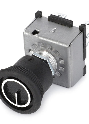 A detailed view of the AGCO Rotary Switch, Ac - F275500370020 reveals a square, metallic push button switch with a black circular actuator. The button surface features a white line indicator, and several electrical terminals are visible on the top and side. However, no current product description is available for this AGCO item.