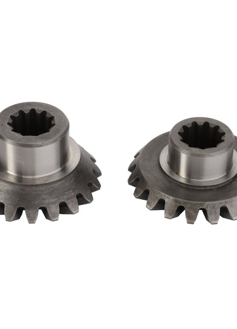 Two metallic bevel gears, identified as AGCO Bevel Gear - 0.008.7729.3, are displayed side by side on a plain white background. Both gears feature a toothed design and a central hole with a splined interior, ensuring smooth operation and consistent quality. Crafted as AGCO Parts Genuine Gears, they represent precision engineering at its finest.