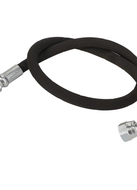 The AGCO Hydraulic Hose - Acp0003220 is a coiled black hydraulic hose featuring durable metal fittings on both ends, with one fitting straight and the other angled.