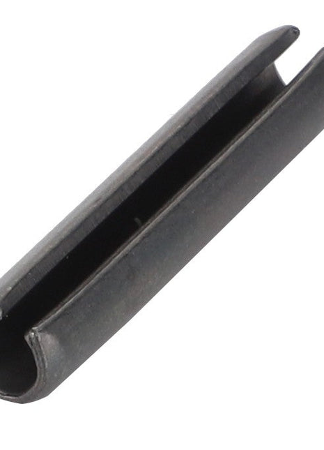 A close-up of the AGCO Dowel - F334310020130, a black tension pin used for securing parts in mechanical assemblies. This essential component features a hollow, cylindrical shape with a longitudinal slit.