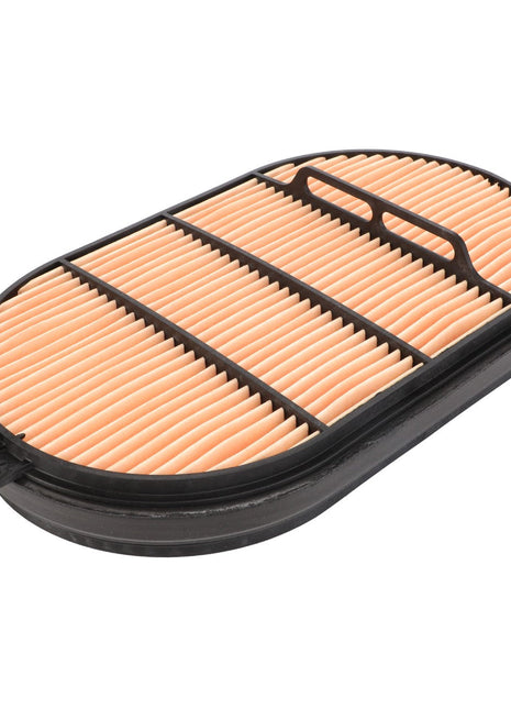 The AGCO Engine Air Filter - ACP0533610 features an oval-shaped design with a black rubber frame and a beige pleated paper element, offering enhanced filtration efficiency for superior engine protection.