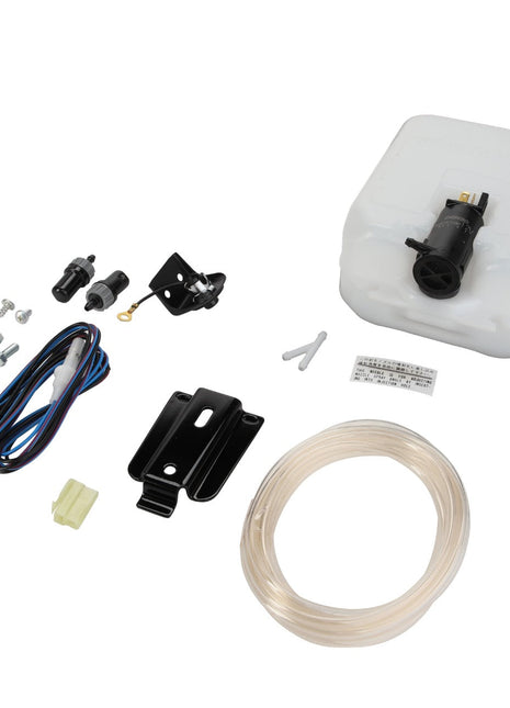 The AGCO | TANK - AG718456 comprehensive kit includes a white plastic tank with a motor, various screws and fittings, black metal brackets, a set of wires, a clear hose, and an electrical connector.