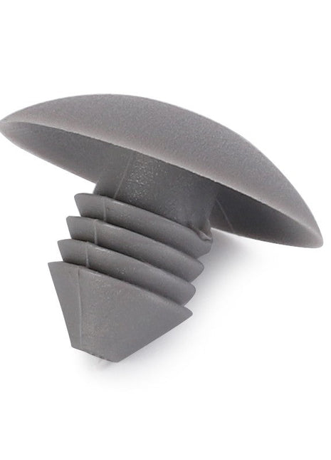 A close-up of the AGCO | FASTENER - D43427400, a gray plastic push rivet featuring a flat, wide head and intricately ribbed body.