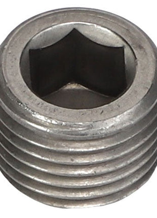 Close-up of the AGCO | SHAFT - AG713524, a metal hex socket set screw from AGCO, featuring a recessed hexagonal drive and finely crafted threads along its cylindrical body.