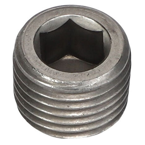 Close-up of the AGCO | SHAFT - AG713524, a metal hex socket set screw from AGCO, featuring a recessed hexagonal drive and finely crafted threads along its cylindrical body.