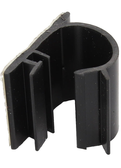 The AGCO | CABLE CLIP - AG562938 is a black, C-shaped plastic clip with ridged edges, designed for holding or organizing cables and wires.