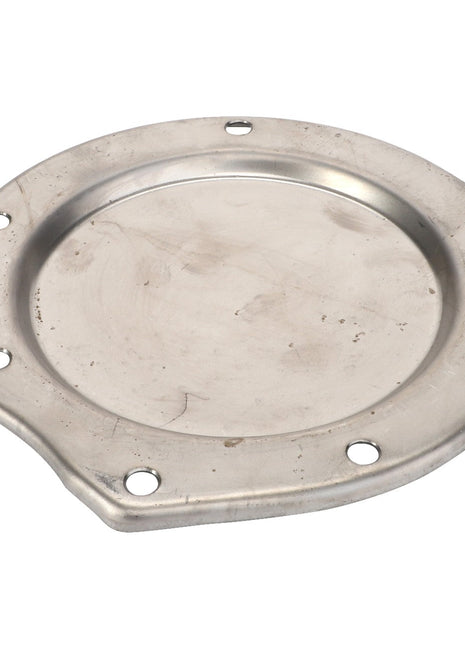 The AGCO | Cover - V836120144 is a round metal plate featuring six evenly spaced holes along the outer edge, engineered for precision and durability.