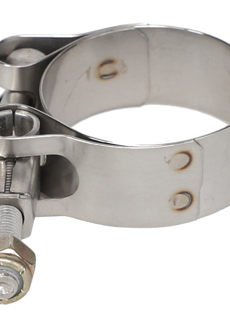 Introducing the AGCO | HOSE CLAMP - AG562667, a robust stainless steel T-bolt hose clamp featuring a hex nut and bolt design, perfect for securely fastening hoses in both plumbing and automotive applications.