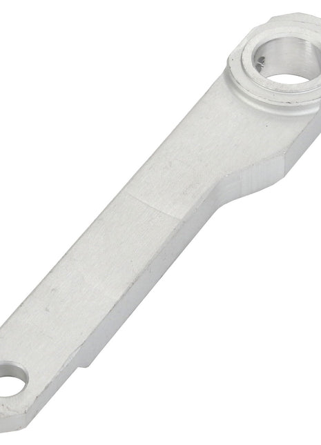 No current product description available for the AGCO | Lever - Acp0383440, a silver metal lever which features two holes at each end, a rectangular body, and slight angular bends.