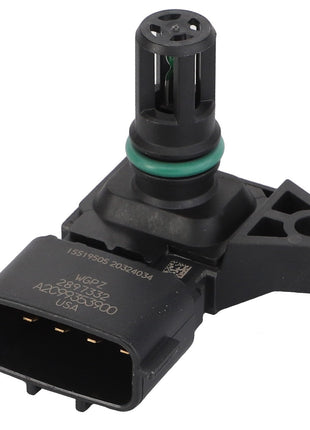 The AGCO warning decal ACP0539420 is a black automotive sensor featuring a green O-ring and a multi-pin connector. It includes a cylindrical protrusion with ventilation slots on top and an attached plastic mounting bracket. Additional product features are not currently available.