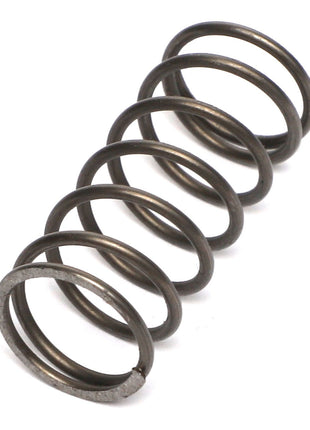 Close-up of the AGCO | SPRING - AL1101017, a metal compression spring with a coiled structure. This industrial element, branded by AGCO, slightly bends to the right and shows wear on the ends.