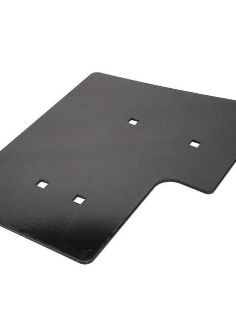 No current product description information is available for the AGCO Outer Deflector - Acw1223990, a black rectangular metal plate with four square holes and a slightly protruding edge on one side.