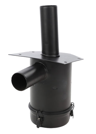 The AGCO Oil Bath Filter Assembly - Acp0209650 is a black metal dust collector with a cylindrical body. It features an upper vertical pipe, a horizontal side pipe, and a bottom latch mechanism for easy debris removal. The design includes an oil bath filter for enhanced efficiency.