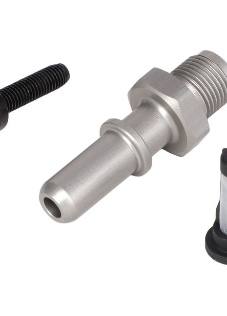 A silver metal hose connector, a black screw, and a small black-capped metal filter screen on a white background, compatible with Fendt IDEAL machinery, are components of the AGCO Suction Filter - Acp0300680 by AGCO.