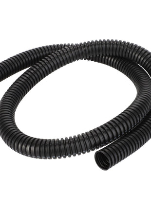 The AGCO Drain Hose - 4389388M2, a coiled black corrugated plastic tubing, is ideal for protecting and organizing cables and wires.