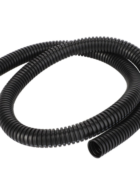 The AGCO Drain Hose - 4389388M2, a coiled black corrugated plastic tubing, is ideal for protecting and organizing cables and wires.