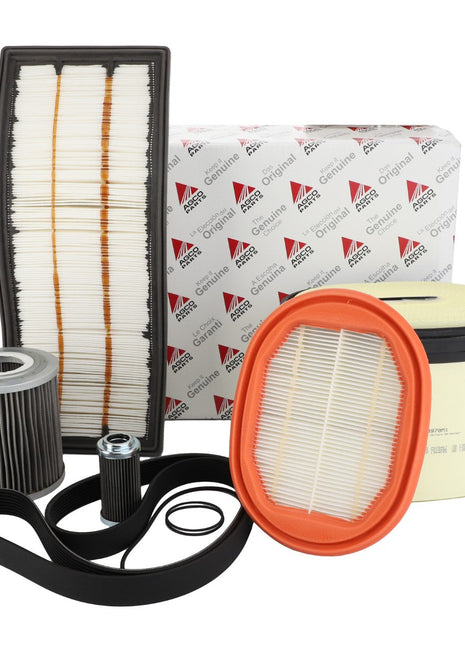 The AGCO | Service Kit - Acp0525380 by AGCO includes a collection of car air filters, an oil filter, a belt, and comes packaged in a branded box. Currently, no product description is available.
