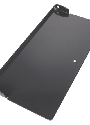 Introducing the AGCO Sensor Plate - Acx3115850, a high-quality black metal mounting plate featuring a single round hole in the center and raised edges on two sides. Ideal for various applications where sturdy and reliable sensor mounting is required.