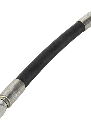 An image showcasing the AGCO Hose - Acp0384530, a flexible black rubber hose with metal fittings on both ends, designed for use in hydraulic or pneumatic systems.