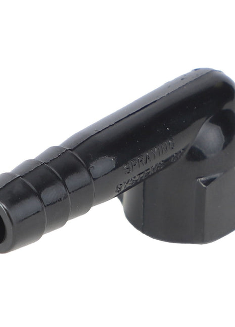 A black plastic hose barb elbow connector with a 90-degree angle, known as the AGCO Elbow Fitting - Ag007131 by brand AGCO. No current product description available.