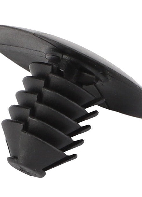 Close-up image of the AGCO Centraliser - Acw9584220, a black plastic push rivet with a flat head and ribbed body. No current product description information is available.
