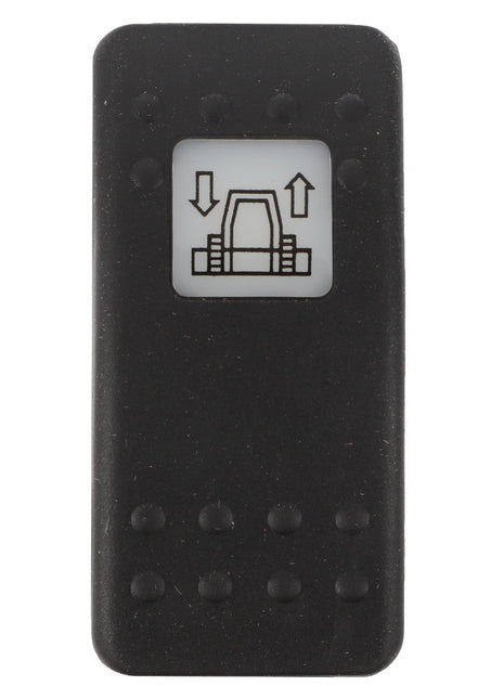 A black rectangular button with a white square icon of a seat and arrows pointing up and down, indicating an adjustable seat position, comes from AGCO under the product name AGCO | SWITCH - D45050028. No further product description details are available at the moment.