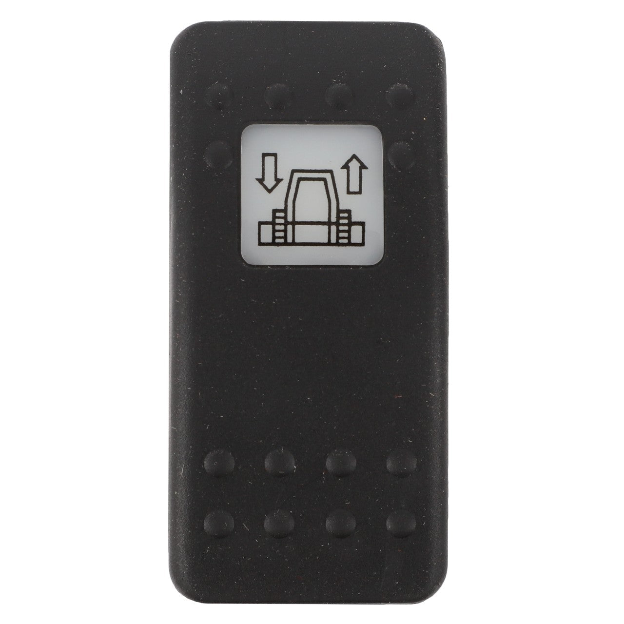 A black rectangular button with a white square icon of a seat and arrows pointing up and down, indicating an adjustable seat position, comes from AGCO under the product name AGCO | SWITCH - D45050028. No further product description details are available at the moment.