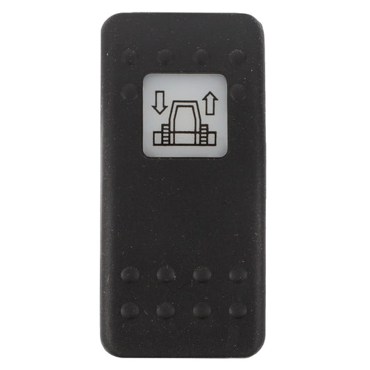 A black rectangular button with a white square icon of a seat and arrows pointing up and down, indicating an adjustable seat position, comes from AGCO under the product name AGCO | SWITCH - D45050028. No further product description details are available at the moment.