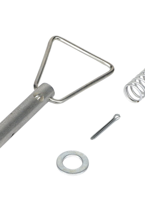 The AGCO | PLUNGER - AG719737, a metal pin with a triangular handle, accompanied by a spring, washer, and small cotter pin, is thoughtfully arranged on a plain white background. No current product description information available.