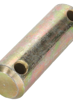 The AGCO Pin - Acx2443440 is a cylindrical metal rod with two holes drilled laterally through its sides. It features a slightly textured surface and has an appearance of being coated in a goldish finish.
