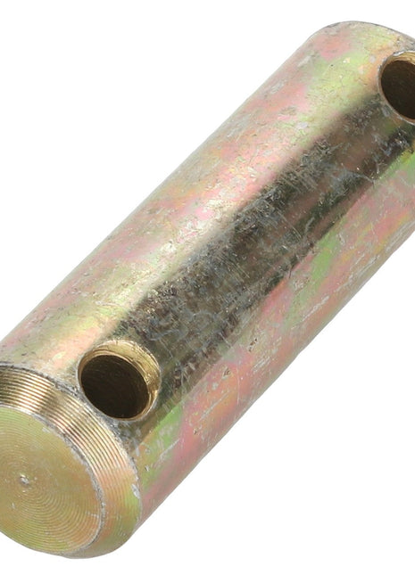The AGCO Pin - Acx2443440 is a cylindrical metal rod with two holes drilled laterally through its sides. It features a slightly textured surface and has an appearance of being coated in a goldish finish.