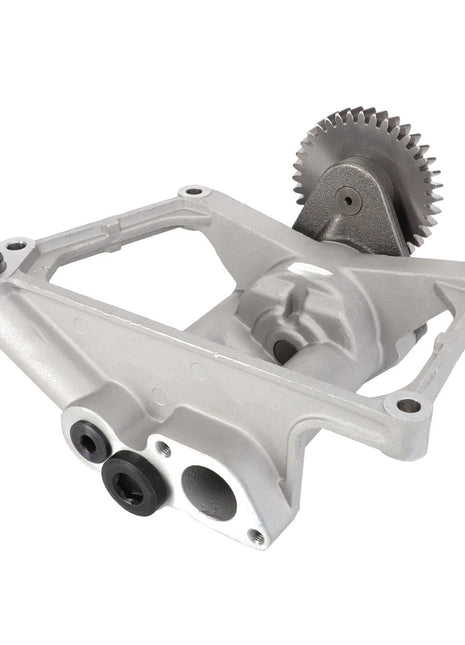 The AGCO | Oil Pump - Acp0222270, a high-quality metal automotive part by AGCO, features a gear and a triangular frame structure designed for optimal engine oil circulation.