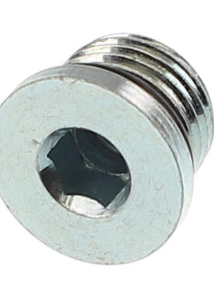 Detailed close-up of the AGCO PLUG - AL5028121, a silver hex socket plug screw featuring threading on the top half and a smooth circular head. No current product description information available.