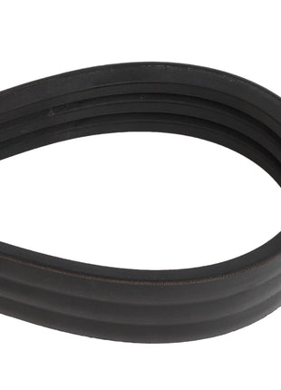 Close-up of the AGCO Belt - Acw2161720, a black, rubber serpentine belt used in automotive engines, highlighting its ribs and looped form.