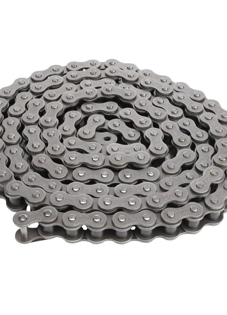 AGCO's Roller Chain Grain Bin Unloading - Acx0054210, a high fatigue strength coiled metal bicycle chain, set against a white background.