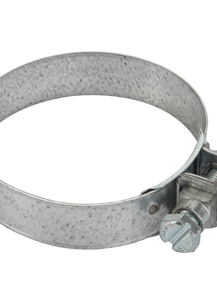 The AGCO Spacer - D26733990 is a metallic hose clamp with a screw for tightening. This circular clamp, seemingly made of galvanized steel, currently has no available product description information.
