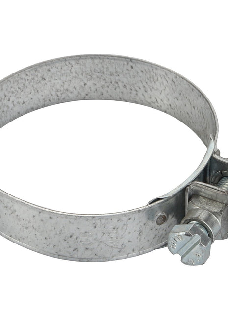The AGCO Spacer - D26733990 is a metallic hose clamp with a screw for tightening. This circular clamp, seemingly made of galvanized steel, currently has no available product description information.