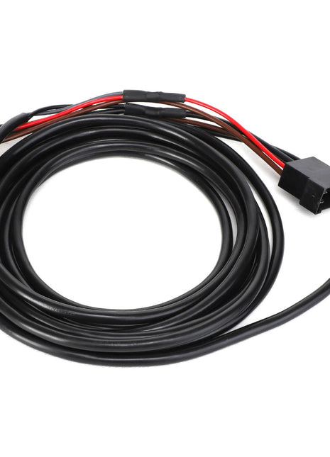 Product Description:

Introducing the AGCO | HARNESS - AL5102087 by AGCO. This product features a coiled black cable with red and black wires at one end and a black connector plug at the other.