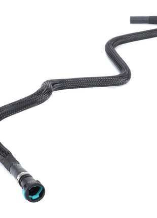 The AGCO Water Hose - 4391953M2 is a durable, black braided hose known for its flexible design. It features a metal fitting on one end and a rubber tip on the other. The hose curves gracefully into a wavy shape, providing easy maneuverability.