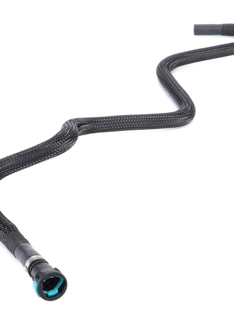 The AGCO Water Hose - 4391953M2 is a durable, black braided hose known for its flexible design. It features a metal fitting on one end and a rubber tip on the other. The hose curves gracefully into a wavy shape, providing easy maneuverability.