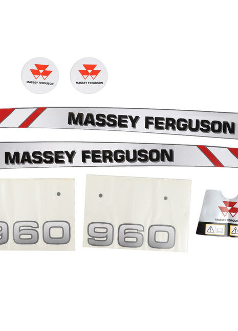 The AGCO Decal Kit, MF 960 Front Loader - AL11133957 includes two logo stickers, two long "Massey Ferguson" stickers with red accents, two "960" number sets, and an additional logo sticker with warning symbols. Perfect for any agricultural machinery decals need or as factory-engineered stickers from AGCO Parts Decals.