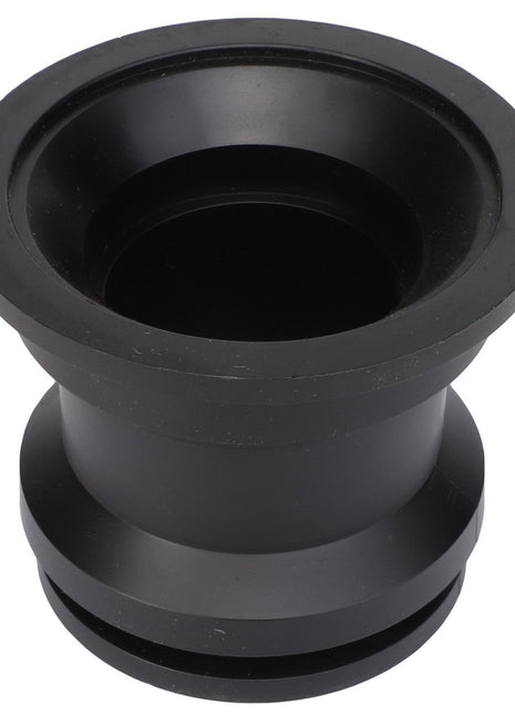 A black plastic pipe connector with a flared end, branded as AGCO | HUB - AG714982.