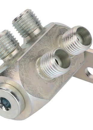 The AGCO Distributor T-Piece - Acw2170950 is a metal cable connector featuring three threaded ports and a mounting hole, ensuring secure connections for various applications.