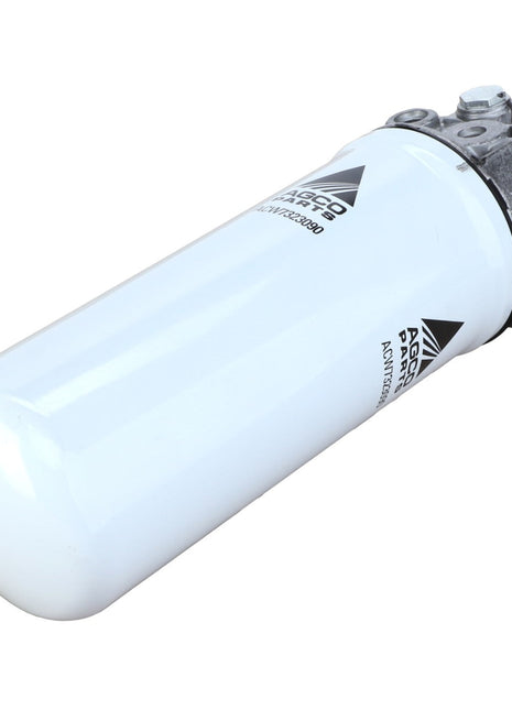 A durable, low-pressure hydraulic filter assembly by AGCO, model Acw7323080, is designed as a white cylindrical element with metallic components on one end and features the Parker Racor logo and part number.