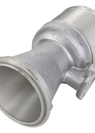 A metallic pipe fitting from AGCO, the Boost Pipe - Acw5329830, features a threaded section on one end and a wider, elegantly flared opening on the other.