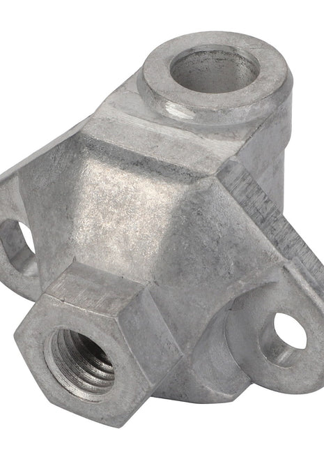 The AGCO PLATE - AL302683, a small metallic industrial component featuring a threaded hole, two flat mounting surfaces with holes, and a circular hole on top, currently has no product description information available.