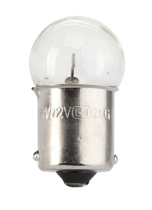 Close-up of a clear, round incandescent light bulb with a metal base, showcasing the AGCO Bulb 12V 5W - LA10857790, known for reliability and efficiency.