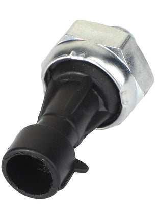 Close-up of the AGCO Pressure Sensor - Acw1614800, featuring a metallic and black plastic design with a threaded end and a conical shape on the opposite side. No further product description information is available for this precise component.