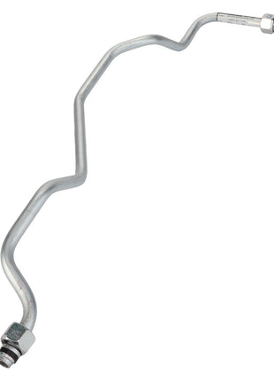 A metallic, S-shaped automotive brake line with attached fittings at both ends, designed for fluid transfer in braking systems. The AGCO Pipe - Acw051375A by AGCO ensures reliable performance and safety in your vehicle's braking system.